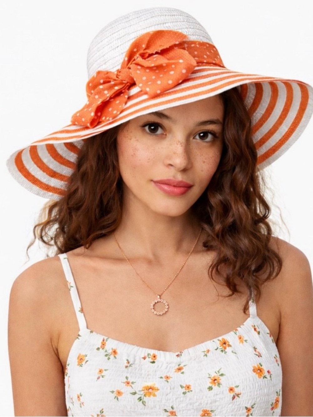 Wide Brim Sun Hat with Orange Bow - Women's Summer Beach Hat